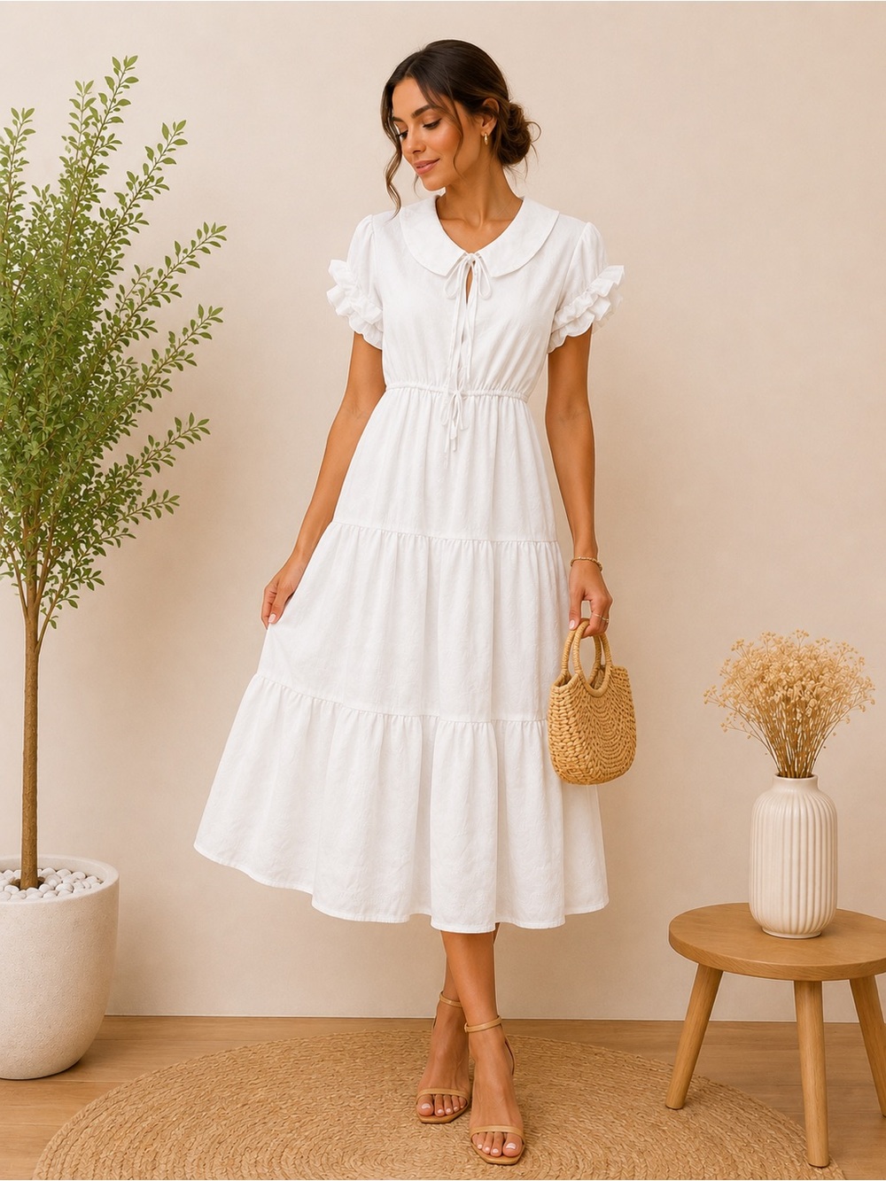 Fashion White Peter Pan Collar Midi Dress Size L